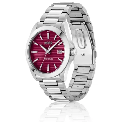 Hugo Boss Silver-tone watch with burgundy grooved dial